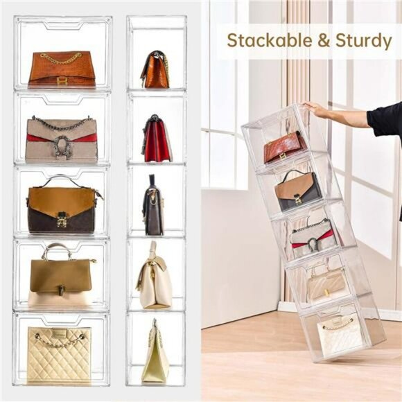 Clear Acrylic Stackable Storage Bin with Lid Handbag Display Case Organizer - Picture 3 of 7